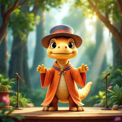 The primary subject of the image is a cartoon dinosaur, specifically a small alligator, wearing a coat and a hat. The setting is a forest, with trees in the background. The visual style is digital art, as the dinosaur appears to be a character from a video game or animated show. The colors and mood are bright and cheerful, with the dinosaur's outfit and the forest's greenery creating a lively atmosphere.